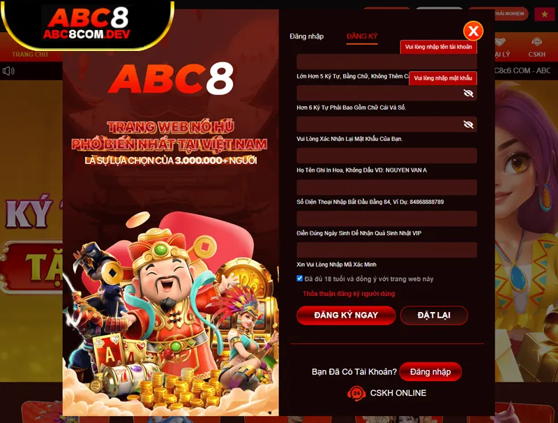 Tạo tài khoản ABC8