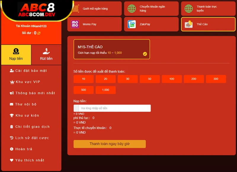 Nạp tiền ABC8 thông qua thẻ cào