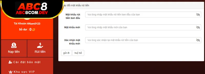 Đổi mật khẩu rút tiền ABC8